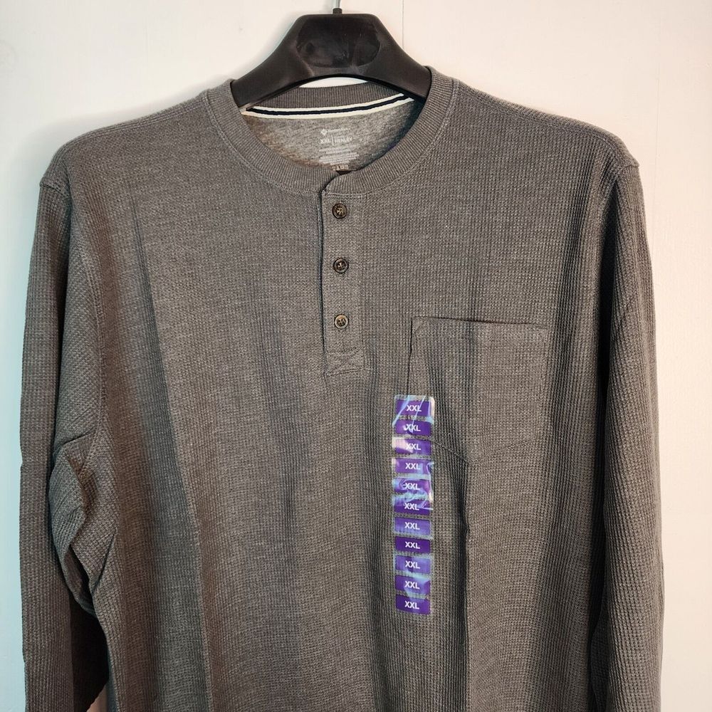 Members Mark Mens XXL Thermal Henley Shirt Charcoal‎ Grey Waffle Knit New